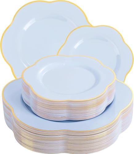 Liacere 50PCS Light Blue Plastic Plates - Heavy Duty Blue Disposable Plates - Blue and Gold Plastic Plates Include 25PCS Blue Dinner Plates, 25PCS Blue Dessert Plates for Party/Baby Shower/Wedding by Liacere