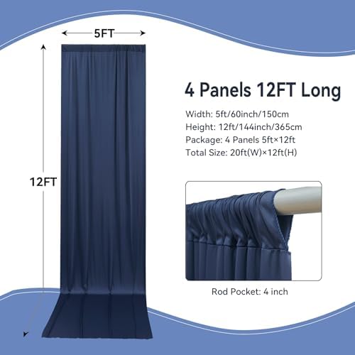 20ft×12ft Wrinkle Free Navy Blue Backdrop Curtain for Wedding Parties, 4 Panels 5×12ft Long Soft Silky Polyester Backdrop Drapes Photo Back Drop Curtains for Birthday Photography Background Cloth - Image 3