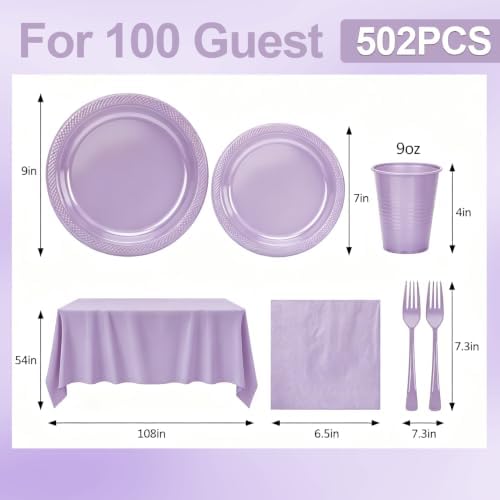 100 Guests Lavender Plastic Plates and Napkins Party Supplies for Birthday - Image 3