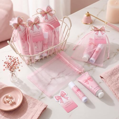 Loopeer 24 Set Pink Bow Party Favors Coquette Party Gifts Favors with Lip Balm Hand Cream Card Bags for Bridal Shower Baby Shower Birthday Stuffers - Image 6