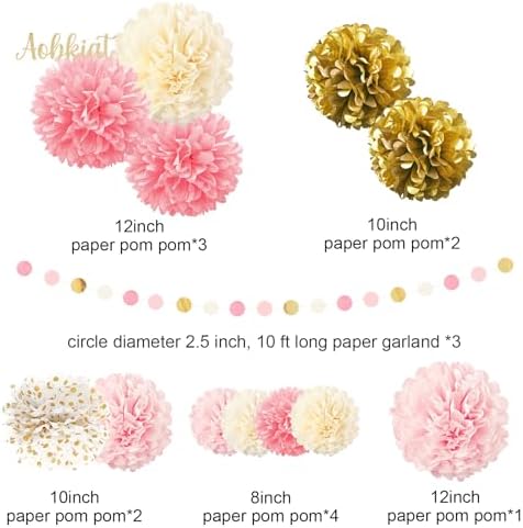 AOBKIAT Pink Gold Party Decorations Set-18 Tissue Paper Pom Poms & 6 Paper Lanterns & 3 Paper Garland Strings for Wedding,Baby Shower,Birthday Party Backdrop & Ceiling Decor - Image 4