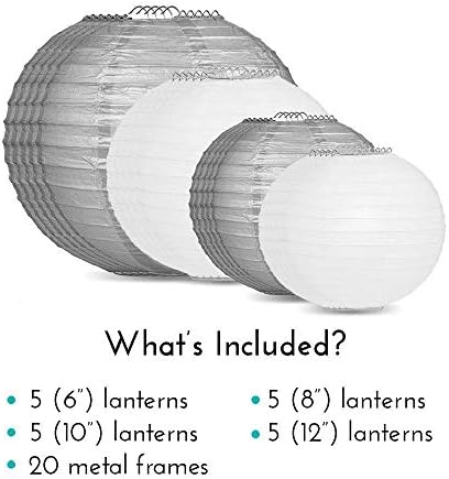 Quasimoon PaperLanternStore.com Ultimate 20pc Silver Variety Paper Lantern Party Pack - Assorted Sizes of 6, 8, 10, 12 Inch (5 Round Lanterns Each) for Weddings, Birthday, Events and Decor - Image 3