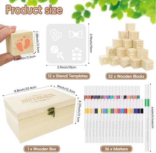138 Pcs Baby Shower Blocks to Decorate, Wooden Blocks for Baby Shower, Decorate A Block Baby Showers, Wood Box with 52 Wooden Block 36 Paint Markers 1 Game Sign 48 Stencil Templates - Image 2