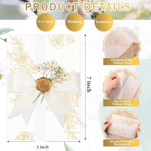 Fullhawl 100 Sets Wedding Invitations Wraps Set Pre Folded Vellum Jackets for 5 x 7 Invitations Dried Flowers Wax Seal Stickers Chiffon Silk Ribbon for Wedding Birthday Bridal Shower (White) - Image 3