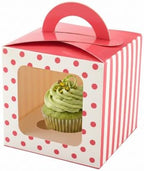 Restaurantware-Pastry Tek 4.5 Inch Individual Cupcake Boxes, 100 Polka Dots Cupcake Favor Boxes - Fits 1, With Window, Pink Paper Cupcake Gift Boxes, Built In Handle, For Weddings Or Parties - Image 6