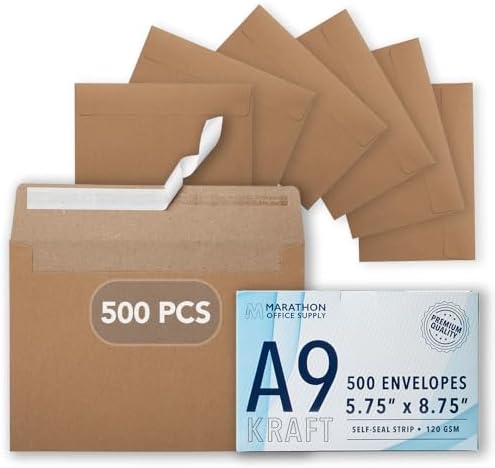 MOS Kraft A9 Envelopes (5.75 x 8.75 Inch) 500 Pack, Self-Seal Heavyweight Brown Envelopes for 5.5 x 8.5 Cards, Half Fold Greeting Cards, Booklets, Rustic Wedding Programs, Invitations by Marathon+Office+Supply