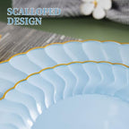 Lullaby 60PCS Light Blue Scalloped Plastic Plates with Gold Rim for Party - Image 3