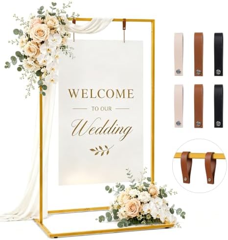 Wedding Welcome Sign Stand, 50" Standard Height - Gold Metal Sign Holder with 6 Leather Straps, Easel Stand for Seating Charts & Event Décor by WEDORA