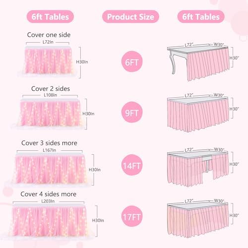 PARTISKY Pink Tulle Tutu Table Skirt for Rectangle Tables or Round Table,Led Light String Table Cloth for Girls Baby Shower Birthday Party Dessert/Cake Tables - Image 6