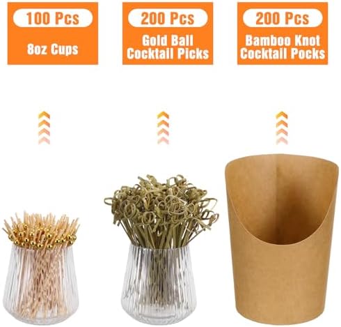 100 Sets Small Charcuterie Cups with Sticks, 8 Oz Disposable Paper French Fry Holders (100 Cups + 200 Cocktail Picks), Snack Boxes Appetizers Cup, Party Board Favor for all Occasions - Image 2