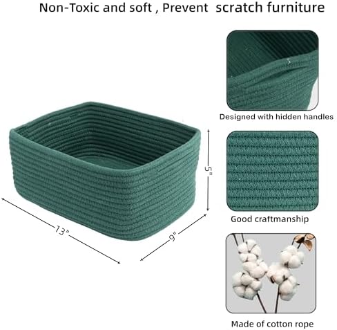 XUANGUO Small Woven Storage Baskets for Shelves, 13" x 9" x 5", Dark Green - Image 2