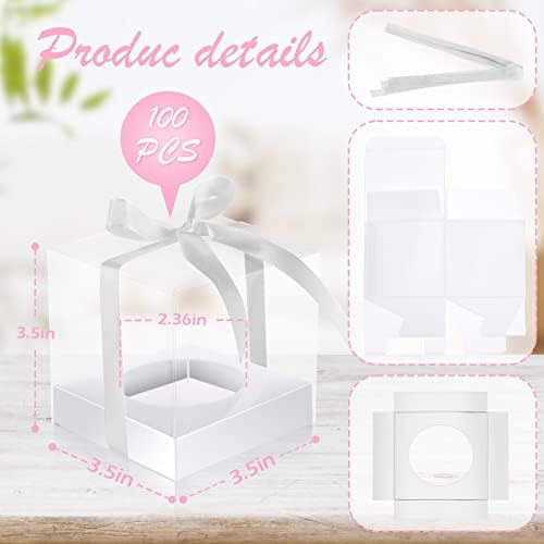 Gerrii 100 Pcs Clear Plastic Individual Cupcake Boxes 3.5" Single Cupcake Containers Transparent Ornament Gift Box with Inserts and Ribbon for Wedding Baby Shower Party Favor(White) - Image 2