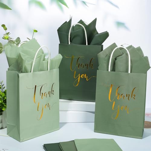 Whaline 30Pcs Sage Green Thank You Paper Gift Bags 6.3 x 3.1 x 8.7 inch 3 Colors Gold Foil Thank You Party Favor Bag with Handle 40 Sheet Tissue Paper for Wedding Birthday One Lucky Duck Gift Wrapping - Image 4