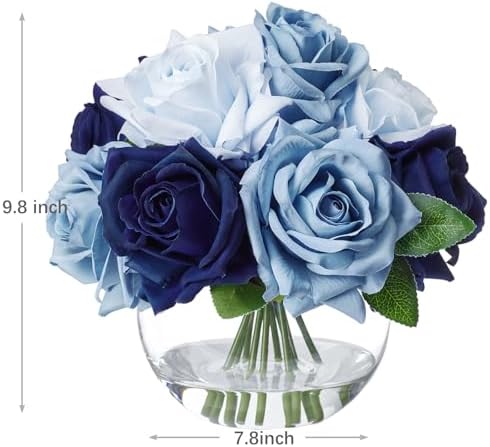 WELL KNOWN Silk Rose Artificial Flowers with Vase Artificial Rose Flower Arrangements in Round Bowl Vase with Faux Water for Home Table Decoration (Bicolor Blue) - Image 6