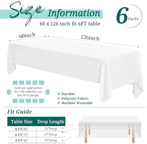 Showgeous 60x126 Inch White Rectangle Tablecloth 6 Pack Fit 7FT Table - Image 2