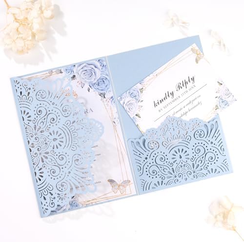 50PCS Tri-Fold Haze Blue Wedding Invitations with Envelopes and RSVP Cards by Mabbcoo