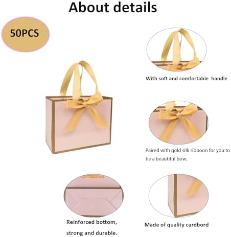 TKSBAG 50 PCS Small Pink Gold Gift Bags with Bow Ribbon - 6.4x3.1x5.1 Inch Thank You Bags with Handles, Bulk for Baby Shower, Bridal Shower, Wedding, Party Favors, Mother's Day - Image 4
