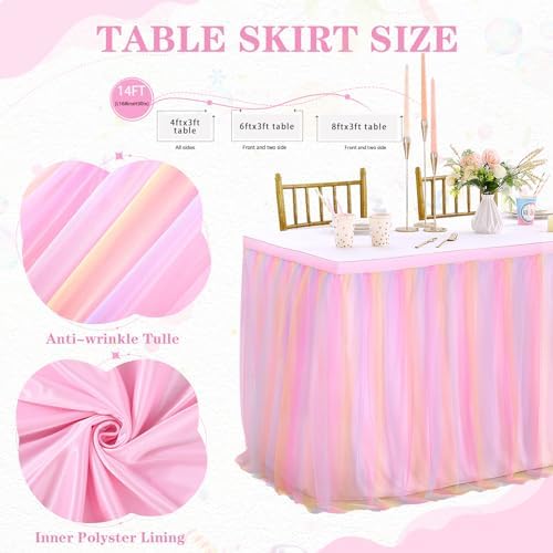 Pastel Rainbow Pink Table Skirt Ruffle Mermaid Party Tablecloth for Rectangle Table Tables or Round Tables 14ft Birthday Party Baby Shower Decorations - Image 2