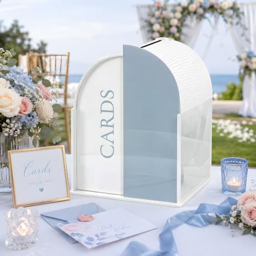 White Arched Wedding Card Box with Blue Standee & Erasable Pen for Party - Image 6