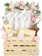 Juexica Wooden Baby Shower Crate Closet Baby Basket with Handle Box with Butterfly Eucalyptus Garland Bead Artificial Flowers Large Letter for Pregnancy New Parent Gift(Wood Color) by Juexica