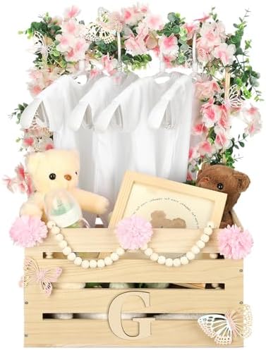 Juexica Wooden Baby Shower Crate Closet Baby Basket with Handle Box with Butterfly Eucalyptus Garland Bead Artificial Flowers Large Letter for Pregnancy New Parent Gift(Wood Color) by Juexica