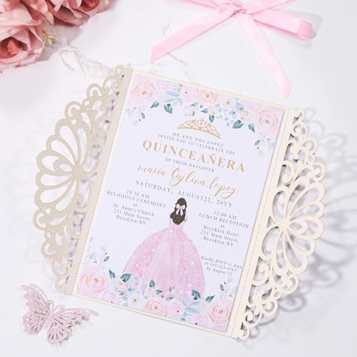 50pcs Pink Quinceanera Invitations Wedding Invites with Butterfly Ribbons - Image 6