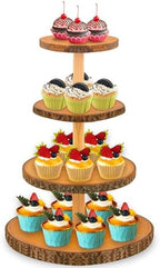 Cupcake Stand Wood Dessert Stands 4 Tier Wooden Cupcake Stand - Large Capacity, Bark-Covered, Varnished, Multi-Functional for Weddings, Baby Showers, and Parties. by SogYupk