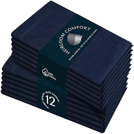 Navy Blue Cloth Napkins 18x18 Inch - Set of 12-100% Cotton, Soft, Absorbent, Washable, Reusable - Elegant Table Linen with Hemstitch Mitered Edges for Weddings, Dinner, Holiday by HEIRLOOMCOMFORT