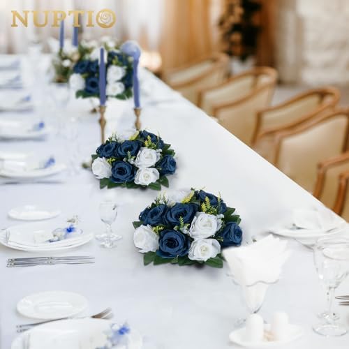 NUPTIO Artificial Flower Centrepieces for Tables - 6 Pcs Navy Blue & White Fake Flowers Roses Balls 9.5in Diameter - Silk Faux Rose Arrangement for Wedding Party Centerpiece Table Decorations - Image 2