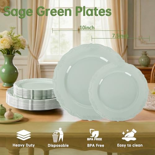 Tinybee 60PCS Sage Green Plates - Heavy Duty Sage Green Disposable Plates - Image 2