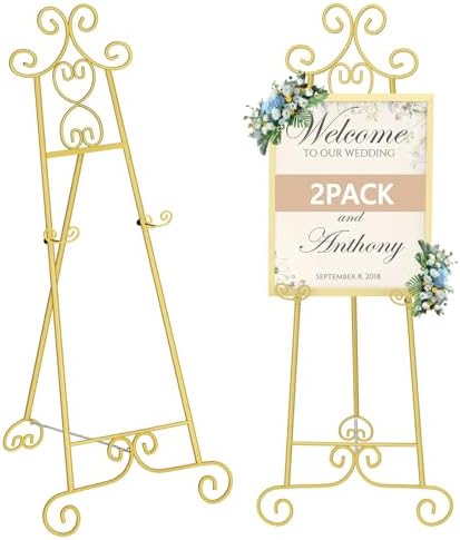 2 Pack Easel Stand for Sign, Large Adjustable Floor Easel with Chain Support, Vintage Decorative Metal Display Stand for Wedding Signs, Paintings, Artwork, Posters, Pictures, Gold by Unknown