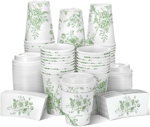 Vesici 60pcs 14oz Green Disposable Coffee Cups with Lids and Sleeves by Vesici