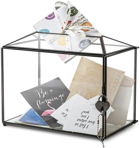 Wedding Glass Card Box with Slot and Lock, 10.2 x 6 x 8 Inch, Small Black Geometric Cards Holder for Birthdays Party Reception, Wishing Well - Slot Length 6.3'' (Glass Box Only) by Unknown