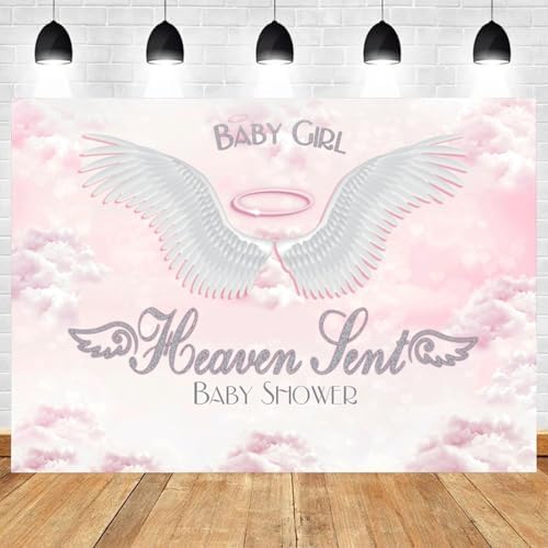10x6.5ft Baby Shower Backdrop Baby Girl Heaven Sent Photography Background White Wings Clouds Pink Sky Paradise Princess Girls Party Banner Decorations Newborn Gender Reveal Photo Booth Prop - Image 2