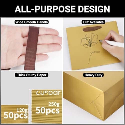 EUSOAR Small Paper Bags, 50pcs 8.6"x3.9"x7 Gold Gift Wrap Bags with Handles Bulk, Retail Shopping Merchandise Wrapping Paper Bags for Craft Grocery, Business, Wedding Birthday Party Favor - Image 3