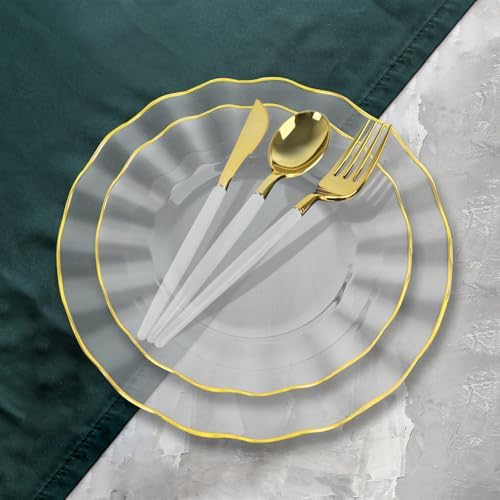 150Pcs Plastic Plates with Gold Rim,Heavy Duty Clear Plates for 30 Guests,Plastic Dinnerware Set Include 30 Dinner Plate,30 Dessert Plate,90 Gold Cutlery Set for Party (Clear) - Image 3