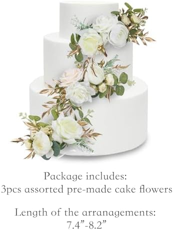 Rinlong 3Pcs Premade Cake Flowers, White Gold Wedding Cake Decor - Image 4