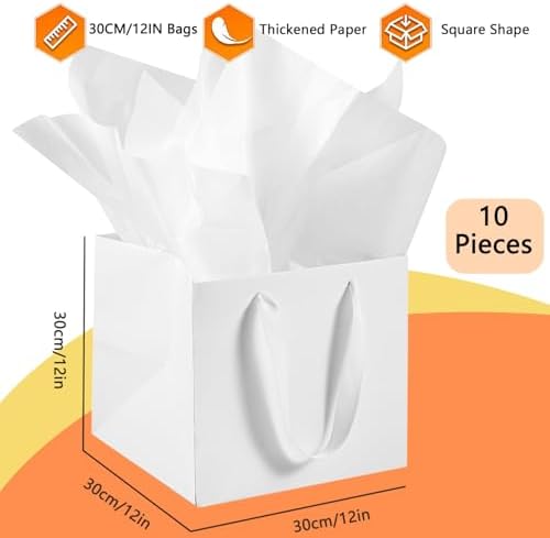 AZOWA White Square Gift Bags with Tissue - 12 Inch Paper Bags with Handles for Birthday Party Favor Christmas Wedding Gift Box Flowers Decoration (10 PCS, 12x12x12 in) - Image 2