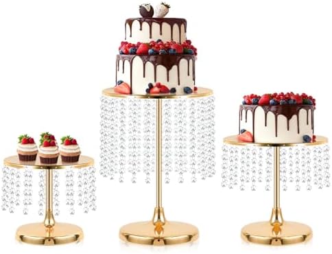 Metal Mirror Cake Stand Set with Crystal Pendants - Elegant Dessert Table Display for Weddings, Birthday Parties, Baby Showers, Events - Sturdy Crystal Bling Cupcake Stands for Pastries, Sweets, Decorations (Gold, Set of 3) by kehail