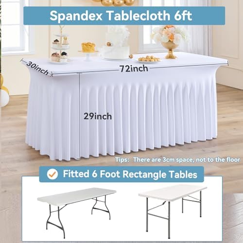 12 pk White Spandex Table Cloth Rectangle 6ft with Ruffle Skirt,Wrinkle Free High-Stretch Fitted Tablecloths for 6 Foot Rectangle Tables,Elastic Spandex Table Covers 6 ft for Parties Weddings Banquet - Image 4