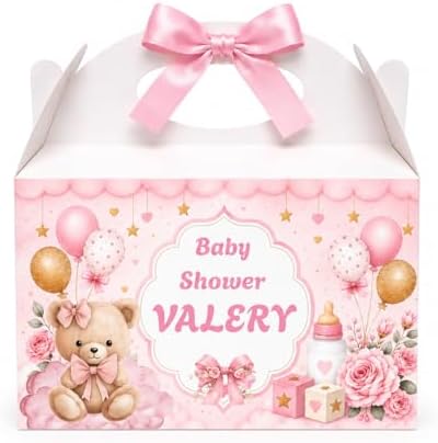 Personalized Baby Shower Keepsake Boxes. A set of 12 boxes personalized with the baby's name to add a special touch to your celebration. (Girl teddy bear) by Handmade
