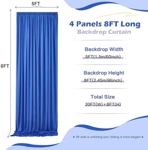 20ft x 8ft Wrinkle Free Royal Blue Backdrop Curtain for Parties, 4 Panels 5×8ft Silky Polyester Blue Photo Backdrop Drapes for Boss Baby Birthday Party Wedding Photography Background - Image 5