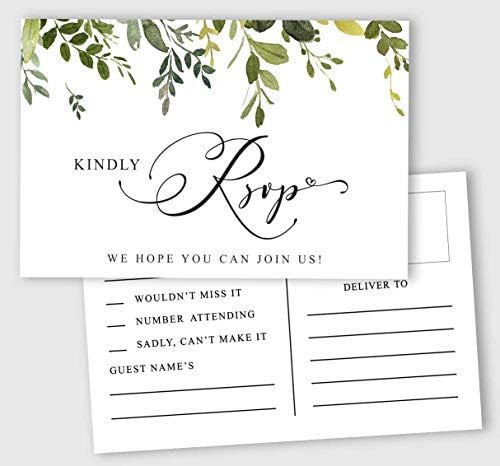 50 Blank RSVP Cards,RSVP Postcards No Envelopes Needed,Greenery Print Response Card,RSVP for Wedding,Baby Shower,Bridal Shower by Inkdotpot