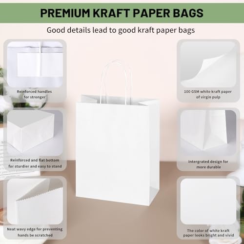 Mlyta 200 Pack 8x4.75x10 Inch Medium White Kraft Paper Gift Bags with Handles Bulk for Goodie, Party Favor Brithday Grocery Shopping Business Wedding Retail Craft Treat To Go Return, Merchandise Sacks - Image 4