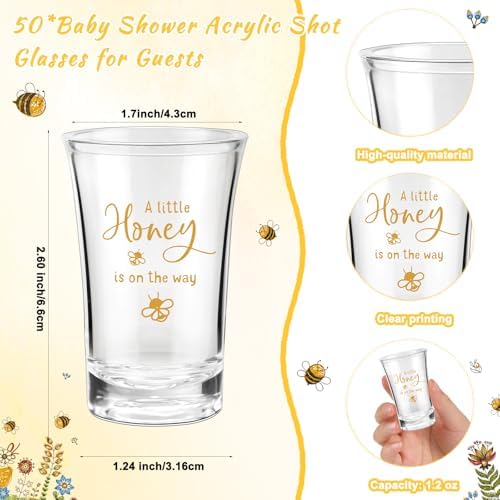 Pickmesh 50 Sets Honey Bee Baby Shower Shot Glasses for Guests Include Little Honey Is on The Way Acrylic Shot Glasses Bee Cards Bags for Gender Reveal Summer Party Favors Supplies - Image 2