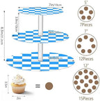 J JOYSAY Chess Checkerboard Aqua Blue White Pattern Acrylic Cupcake Stand 3 Tier Dessert Table Display Set Clear Cake Stands for Wedding Baby Shower Party Decorations Easy Assembly Donut Tower - Image 3