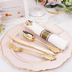 Liacere 175PCS Pink Plates Disposable - Pink and Gold Plates 25guest Baroque Plastic Dinnerware include 50Plates, 25Pack Pre Rolled Napkins with Silverware 25Cups Perfect for Wedding & Party - Image 5