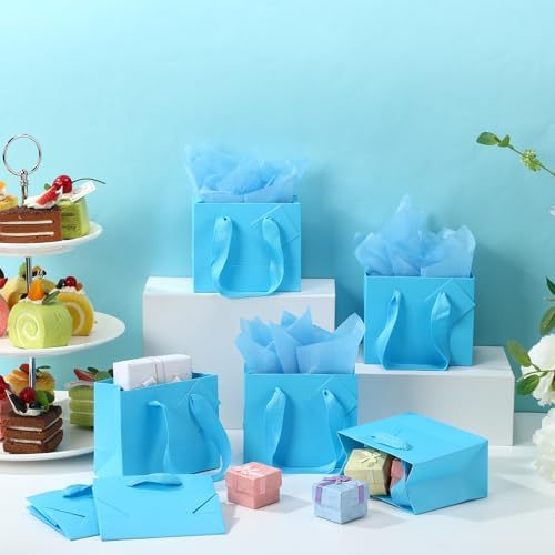 Qilery 50 Pcs Wedding Paper Gift Bags Bulk with Tissue Paper Small Gift Bags with Handle and Tags for Birthday Wedding 4th of July Party Business(Light Blue,4.7 x 2.4 x 3.9'') - Image 6