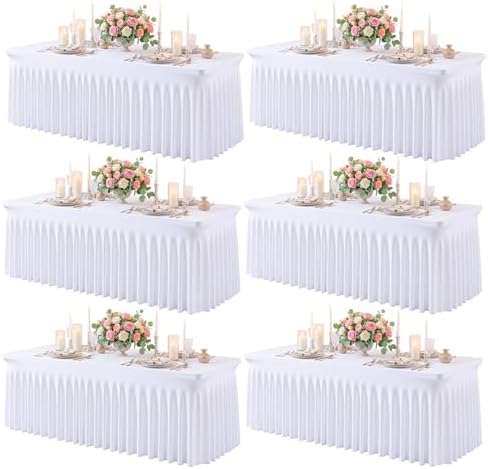 6 Pack White Spandex Tablecloth for 4FT Rectangle Tables, Fitted Stretch Table Cover with Skirt, Wrinkle Free Washable Elastic Table Cloth for 4 Foot Folding Table, Wedding Banquet Baby Shower by Gogoparti