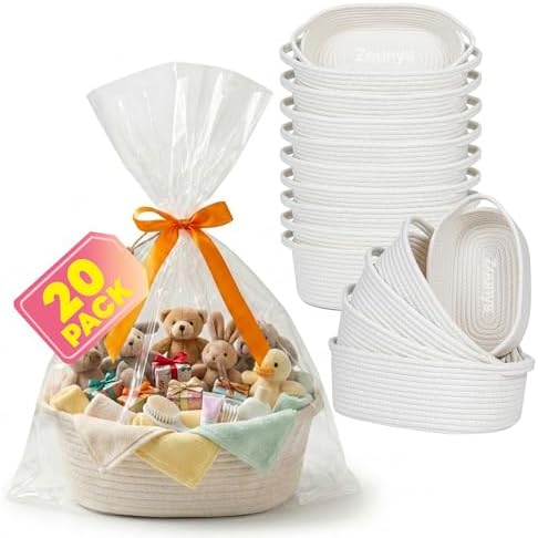 Zounys 20Pack Small Woven Gift Basket with Bags and Bows, DIY White Baskets for Gifts, Baskets for Gifts Empty to Fill for Nursery, Baby Shower, Birthday Party and New Mom Presents by Unknown